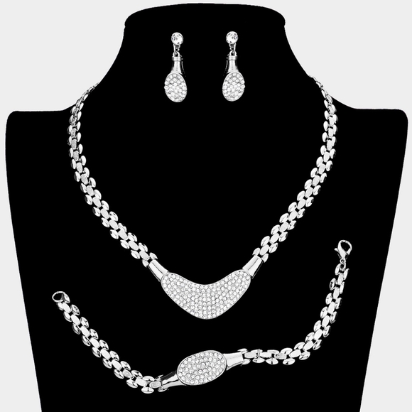 Silver 3 Piece Pave Plate Link Rhinestone Necklace Jewelry Set Fashion Statement - Picture 1 of 3